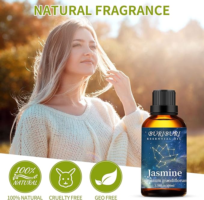 BURIBURI Jasmine Essential Oil 100% Pure Undiluted Aromatherapy Jasmine Oil 100ML/3.38fl.oz for Soap, Candle Making, Massage, Diffuser, Humidifier - Bloomnest
