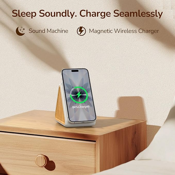 Housbay Sound Machine with Magnetic Wireless Charger for iPhone, 2-in-1 Design for Clutter-Free Nightstand, Dual-Speaker Stereo Sound for Sleeping - White Oak - Bloomnest