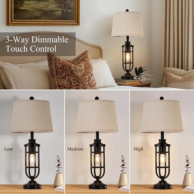 28" Table Lamps for Living Room Set of 2, Farmhouse Lamps for Night Stands with USB A+C, Bedside Lamps for Bedroom End Tables, Bulbs Included, Black - Bloomnest