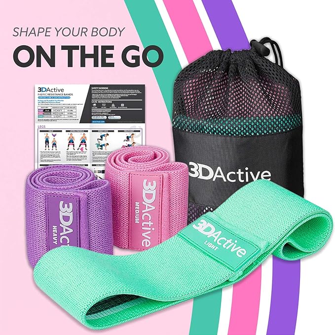 3DActive Fabric Resistance Bands for Legs & Butt. Wide Non-Slip Hip Band Set for Home & Gym Workouts. Exercise Guide & Carry Bag Included. - Bloomnest