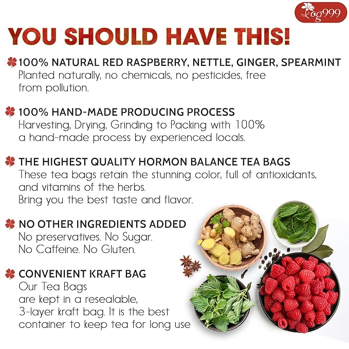 TOG999, 60 Tea Bags for Hormone Balance Menstrual Cycle Support, 100% Natural & Pure from Red Raspberry Leaves with Spearmint Flavor. Natural Material Tea Bags. No Sugar, No Caffeine, Vegan. - Bloomnest