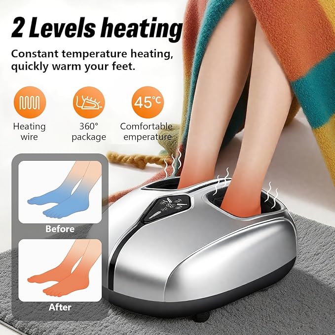 Shiatsu Foot Massager with Heat,Vibration,Air Compression and Deep Kneading,4 Modes + 2 Heat Levels + 5 Intensities,Quiet Design and Washable Sleeves,An adapter is required for use - Bloomnest