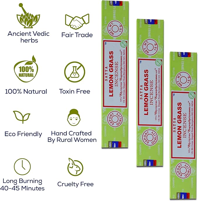 Satya Lemon Grass & Nagchampa Incense - 15gmx12 Pack with Raajsee Incense Holder - Bloomnest