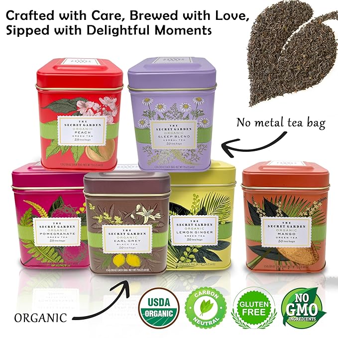 Premium USDA Organic Ceylon Tea Sampler Set - 6 Flavors, 50 Bags Per Tin (300 Total) Variety Pack Non-GMO, Herbal, Fruity, Green & Black, Caffeinated & Decaffeinated - Bloomnest