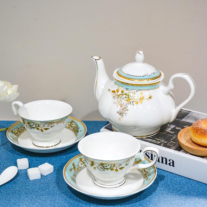 Bone China Tea Set, 21-Pieces Porcelain Tea Set for Adults, Tea Cups And Saucers for 6, with Teapot, Spoons, Sugar Bowl, Creamer Pitcher, Vintage Tea Set for Women Tea Party (Green) - Bloomnest
