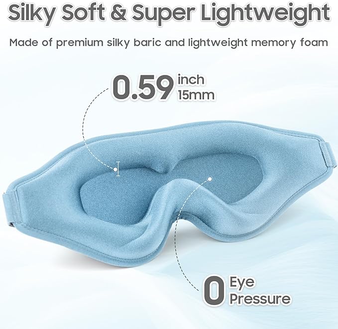 Sleep Mask - Total Blackout 3D Sleeping Mask, Super Lightweight & Silky Soft Eye Mask for Sleeping, Fully Adjustable Fit for Home, Office, Traveling, Meditation, Yoga, Light Blue - Bloomnest