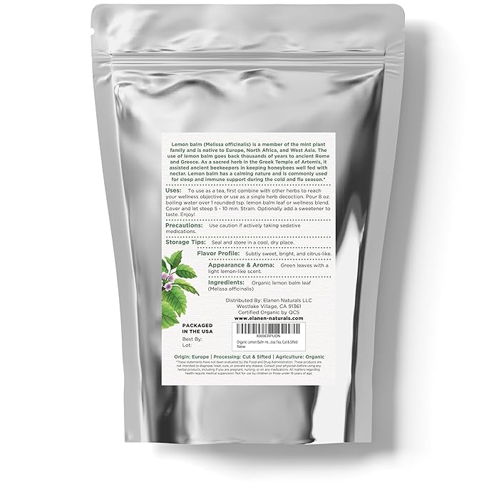 Elanen Naturals Organic Lemon Balm Herb 4 oz. (113g), USDA Certified Organic Lemon Balm Dried Loose Leaf Tea, Melissa Officinalis, Melisa Tea, Te De Toronjil, Cut & Sifted - Bloomnest