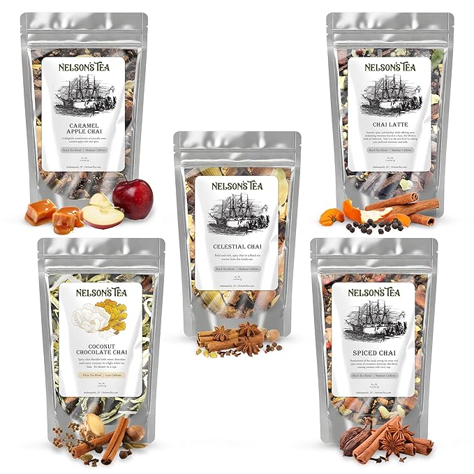 Nelson's Tea Chai Sampler Pack - 5 Flavors Variety Pack - Loose Leaf Tea Sampler - Caramel AppleChai, Celestial Chai, Chai Latte, Coconut ChocolateChai, Spiced Chai - 2 Oz Sizes - Bloomnest