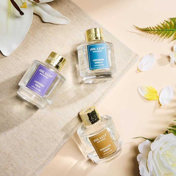 Airkeep Reed Diffuser Set of 3, Cinnamon Vanilla Lavender Field Moroccan Amber Oil Reed Diffusers for Bedroom Living Room Office Aromatherapy Oil Reed Diffuser for Gift 50ml x 3 - Bloomnest