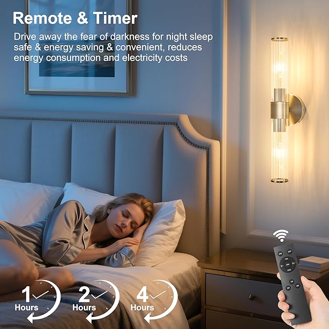 Sand Nickel Battery Operated Wall Sconces Set of Two, Rechargeable Wall Sconce with Dimmable Remote Control, 20 Inch Wireless Sconce Wall Light for Bedroom, Living Room (Bulbs Included) - Bloomnest