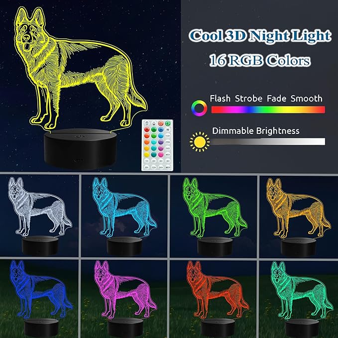 German Shepherd Night Light, German Shepherd Gifts, 3D Illusion Lamp with Remote Control, 16 RGB Colors, 4 Flashing Modes, Timer, Dimmable, Kids Room Dog Decoration for Holiday Birthday Christmas - Bloomnest