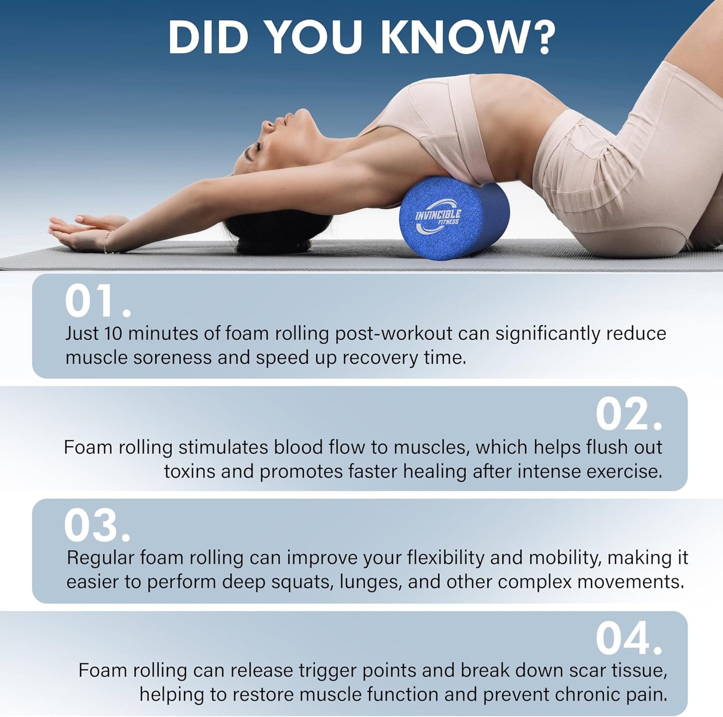 Invincible Fitness 17'' EPP Foam Roller for Deep Tissue Massage – Enhance Recovery, Relieve Pain, and Boost Mobility for a Stronger, Healthier You (Blue)