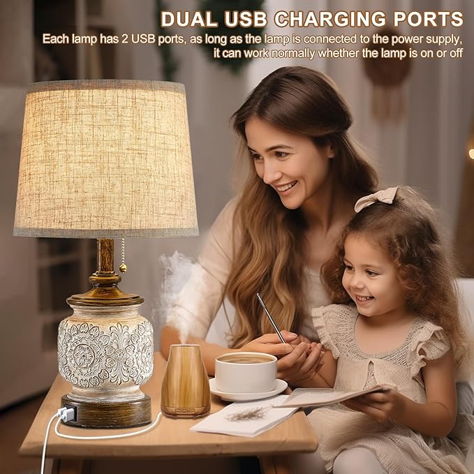 19.5" Farmhouse Bedside Table Lamps Set of 2 Rustic Lamps for Nightstand Bedroom with USB Ports Vintage Traditional White Carved Floral Night Light Lamps for Living Room End Tables Decor - Bloomnest