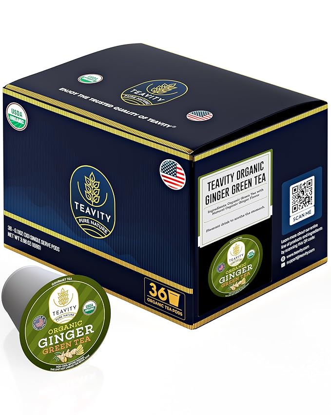 Green Tea & Ginger Tea Pods for Keurig - Caffeinated, Organic, Dye Free, Unsweetened, Herbal Blend for K Cup Machines - Hot or Iced (36 Tea Pods) - Bloomnest