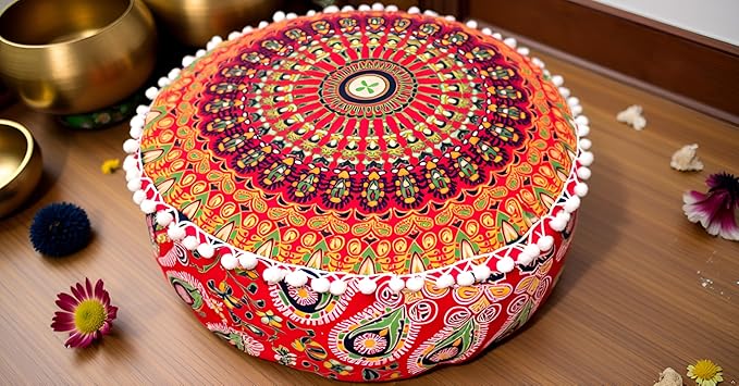 INDIAN CRAFT CASTLE ICC Red Peacock Mandala Barmeri Large Floor Pillow Cover Cushion Meditation Seating Ottoman Throw Cover Hippie Decorative Zipped Bohemian Pouf Ottoman Cases 16" Round - Bloomnest