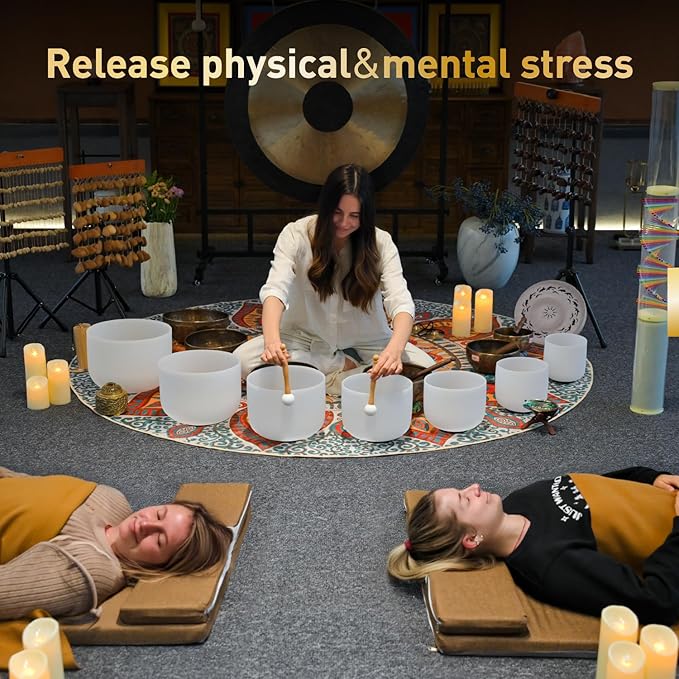 CVNC 432HZ 6-12 Inch Frosted Quartz Crystal Singing Bowls Chakra Set of 7 for Sound Healing and Meditation - Bloomnest