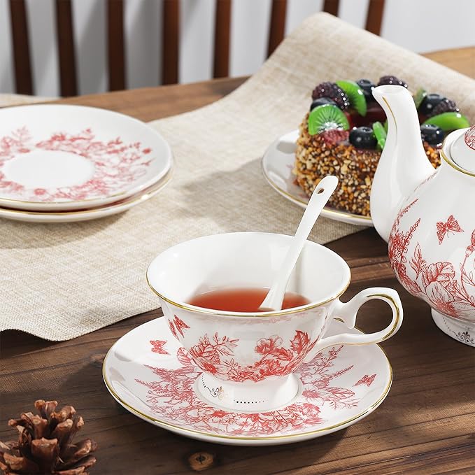 fanquare Vintage Porcelain Tea Set with Holder, 22 Piece Red Floral New Bone China Tea Coffee Gift Sets for Wedding Birthday, 6 Tea Cup and Saucers for Women Tea Party - Bloomnest