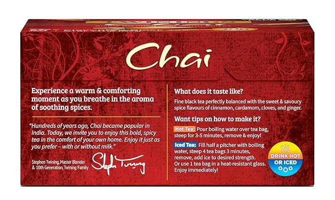 Twinings Chai Black Tea Individually Wrapped Bags, 50 Count (Pack of 6), Sweet, Savoury Spices, Caffeinated, Enjoy Hot or Iced, 300 Teabags - Bloomnest
