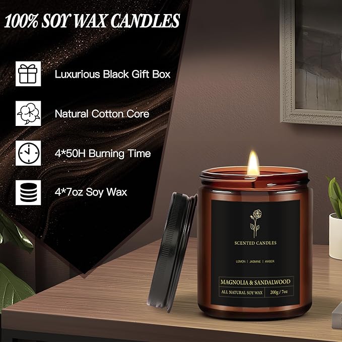 Scented Candles for Men - 4 Pack Candles for Home Scented, 28oz Soy Wax, 300 Hour Burn Time, Men Candle Set, Oak Moss/Magnolia & Sandalwood/Warm Amber/Lemongrass & Eucalyptus - Bloomnest