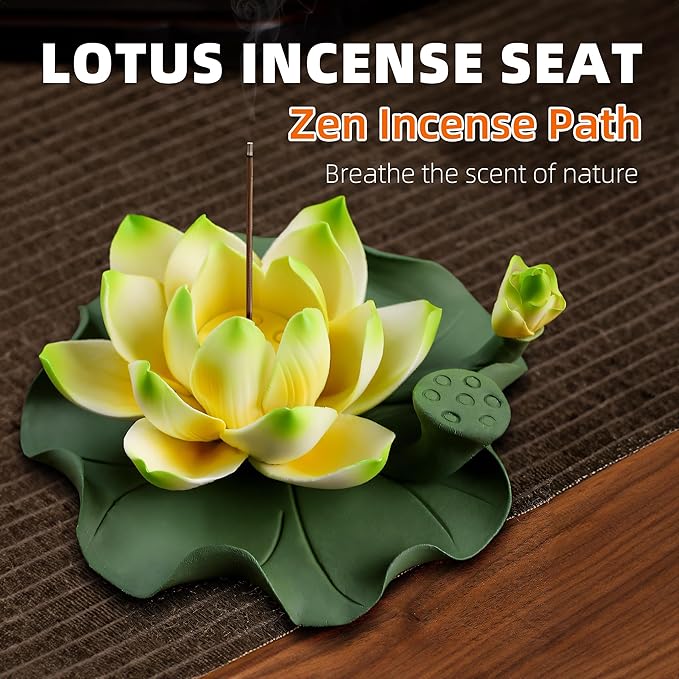 Lotus Incense Burner - Incense Burner Holder for Home Incense Holder Decor Incense Holder for Sticks Yoga, SPA(Z4-Green Yellow) - Bloomnest