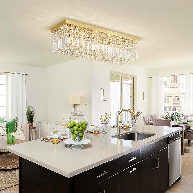 Saint Mossi 5-Lights Modern K9 Crystal Chandelier Light Fixture, Flush Mount Chandelier for Dinning Room, H9 x W10 x L31, Clear Crystal & Gold Finish - Bloomnest