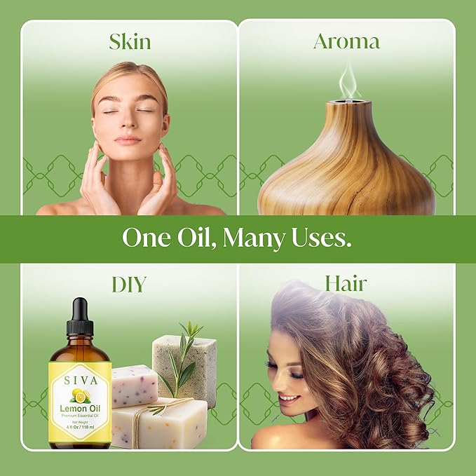 Siva Lemon Essential Oil - 4 Fl Oz – 100% Natural Lemon Oil - for Diffuser, Face, Skin Care, Aromatherapy, Hair Care, Scalp and Body Massage - with Dropper - Bloomnest