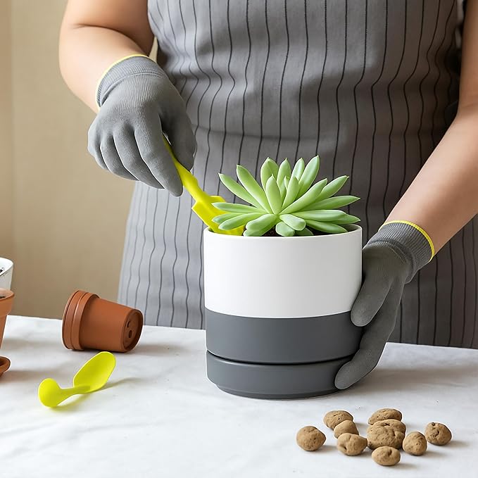 D'vine Dev 4.7 Inch & 6.5 Inch Ceramic Planter Pots for Plants with Drainage Hole and Saucer, Small Plant Pots Set, White/Speckled Grey, 94-G-S-6 - Bloomnest