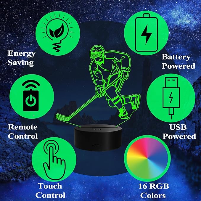 Hockey Night Light, Ice Hockey Gifts, 3D Illusion Lamp with Remote Control, 16 RGB Colors, 4 Flashing Modes, Timer, Dimmable, Kids Room Hockey Decoration Gifts for Holiday Birthday Christmas - Bloomnest