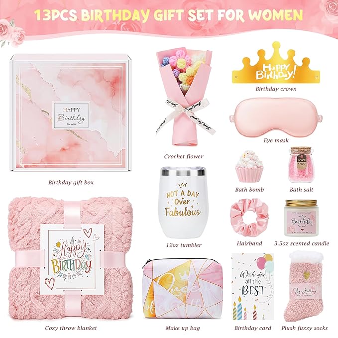 Birthday Gifts for Women, 13PCS Unique Happy Birthday Gifts Basket for Mom Her Best Friend Sister Wife Girlfriend Coworker Bestie, Luxury Self Care Box Relaxing Spa Gifts Set (Rose) - Bloomnest