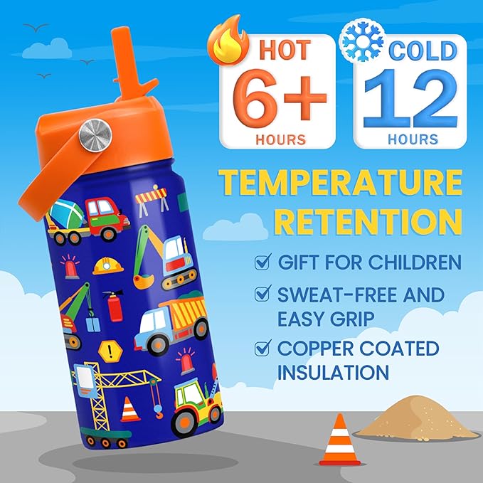 Construction Water Bottle - Kids Water Bottle with Straw Lid - 12 Oz Insulated Stainless Steel Water Bottles for Kid Boys - Travel Cup for School Sports - Bloomnest