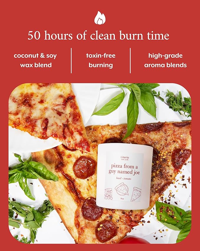 Literie NYC Inspired Scented Candle: Pizza from a Guy Named Joe - Tomato & Basil Scent, 9oz, 50 Hour Burn, Vegan Soy & Coconut Blend Candle for Home Decor, Gift for Women & Men - Bloomnest