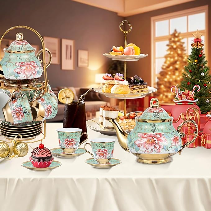 20 Pcs Porcelain Tea Set with Metal Holder, Adult Tea Set Gift, European Ceramic Tea Set for Adults, Flower Tea Cup Saucer Set for Party With Gold Flower Painting (Fresh Green) - Bloomnest