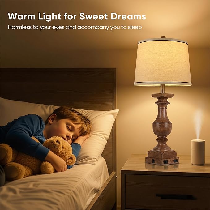 WIHTU Wood Grain Color Table Lamps, 28'' Resin Desk Lamp for Bedroom, Nightstand Lamps Set of 2, Farmhouse Bedside Lamps with Linen Shades, Rocker Switch, Table Lamps with USB A+C Port, Bulb Included - Bloomnest
