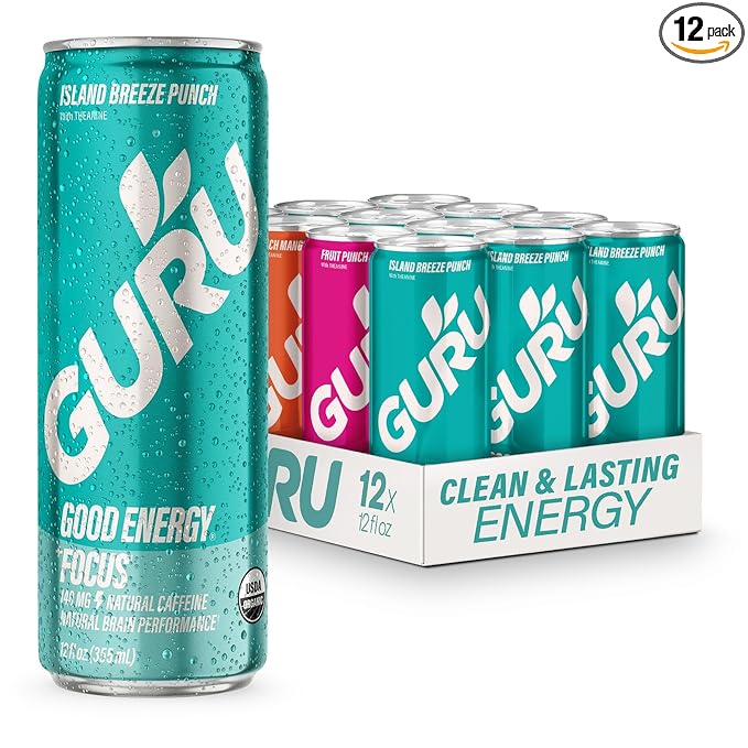 GURU PUNCH Organic Energy Drinks Variety Pack, Clean Energy Drink with Plant Based Natural Caffeine from Green Tea + Focus w/L-Theanine, Gluten Free, 140mg Caffeine, Healthy Drinks, 12oz (Pack of 12) - Bloomnest