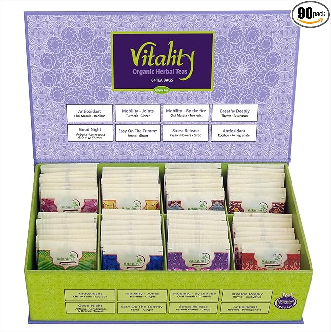 Adanim Bio Vitality Organic Tea Sampler Gift Set Box (8 Flavors Herbal Tea Variety Pack, 64 Individual Tea Bags) Caffeine Free Tea Sets, Assorted Tea Set, Tea Gifts for Tea Lovers - Bloomnest