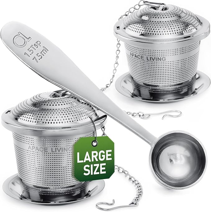 Large Tea Infuser (Set of 2) with Tea Scoop and Drip Trays by Apace – Multi Cup Size Stainless Steel Loose Leaf Tea Strainer and Steeper - Bloomnest