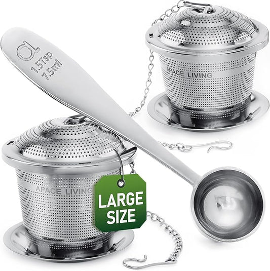 Large Tea Infuser (Set of 2) with Tea Scoop and Drip Trays by Apace – Multi Cup Size Stainless Steel Loose Leaf Tea Strainer and Steeper - Bloomnest