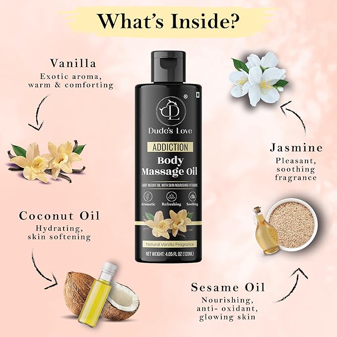 Organic - Vanilla Full Body Massage Oil - No Stain & Non-Sticky | with Fractionated Coconut Oil, Vanilla & Jasmin Oil | for Massage Therapy - 4.05 Fl Oz - Bloomnest