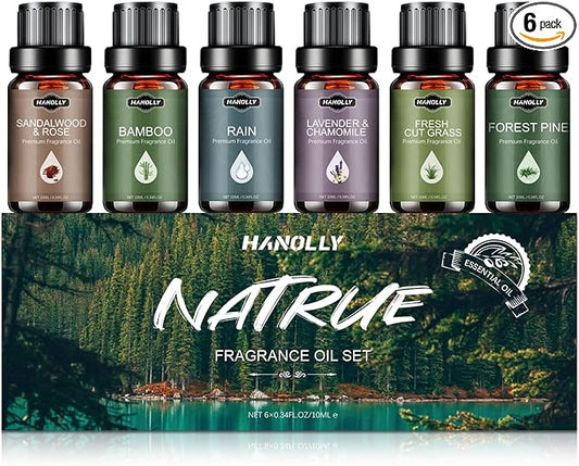 Essential Oils Set, Nature Scents Fragrance Oil Aromatherapy Essential Oils Kit for Diffuser (6x10ML) Sandalwood &Rose, Bamboo, Rain, Lavender &Chamomile, Fresh Cut Grass, Forest Pine Oil - Bloomnest
