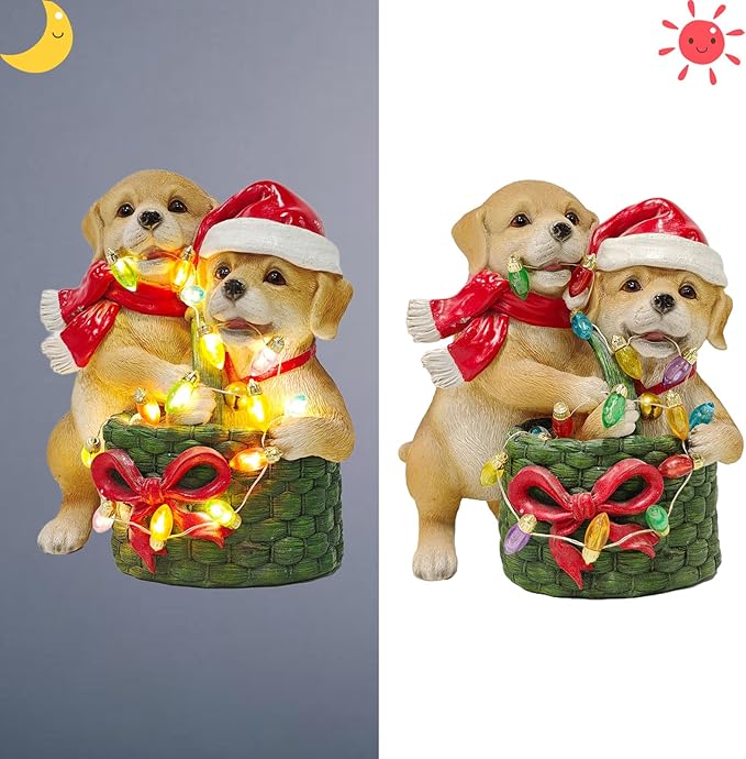 Dog on Box Sculpture -Handmade Resin Figurine, Festive Pet Lover Gift, Holiday Home Decor with Santa Hat - Bloomnest