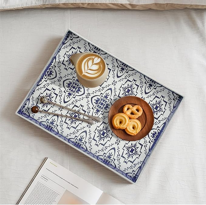 Serving Tray with Handles, 15.7 * 11.8 inches, Plastic Ottoman Tray with Exquisite Paintings, Trays for Coffee Table - Bloomnest