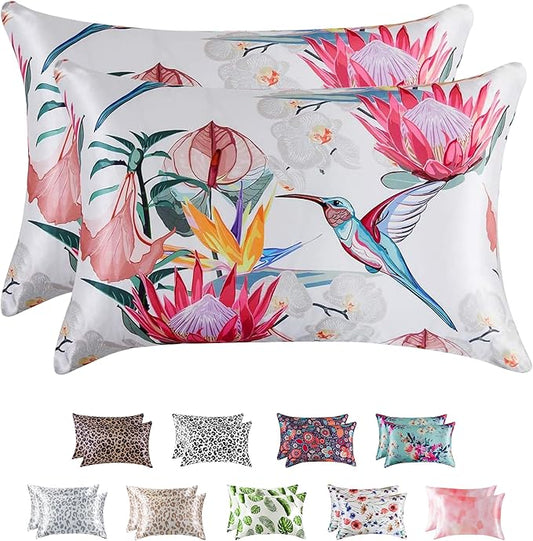 MR&HM Satin Pillowcase for Hair and Skin, Silk Satin Pillowcase 2 Pack, King Size Pillow Cases Set of 2, Silky Pillow Cover with Envelope Closure (20x40, Floral Bird) - Bloomnest