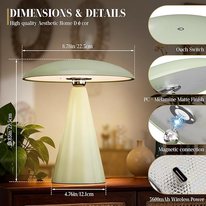 Mushroom Aesthetic Cute Lamp,Magnetic Mid Century Modern Lamp with 3-Mode Lighting for Unique Home Mushroom Decor,Cordless USB-C Rechargeable Lamps for Bedside/Dorm/Office Decor(Avocado Green) - Bloomnest