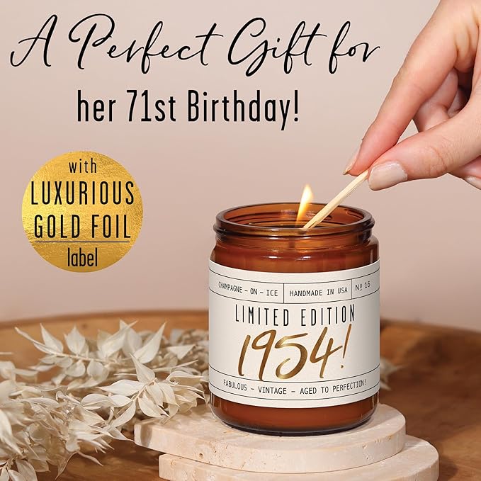71st Birthday Gifts for Women - 'Limited Edition 1954' Soy Candle, w/Champagne on Ice I 71 Birthday Gifts for Women I 71st Birthday Gift for Her Ideas I 9oz Reusable Jar, 50Hr Burn, Made in USA - Bloomnest