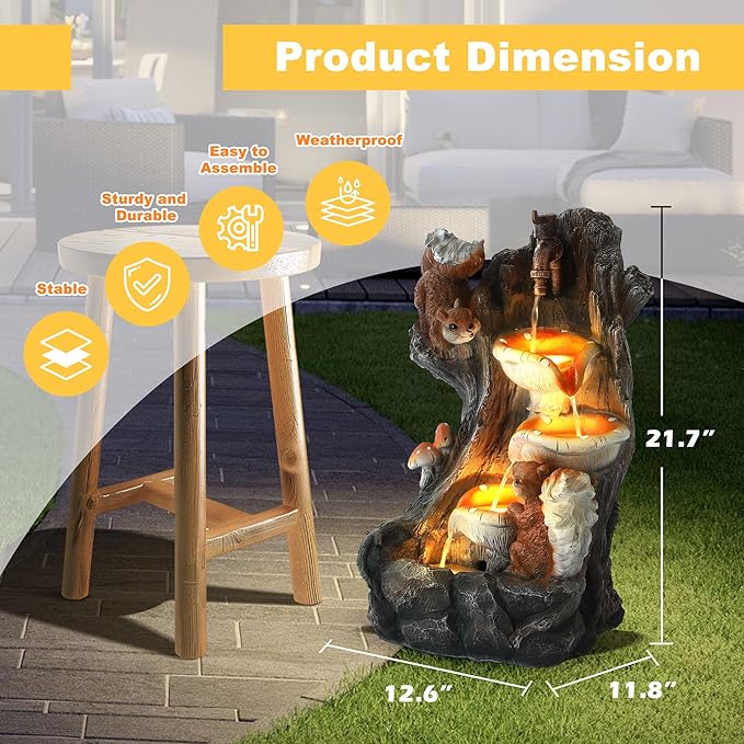 MAGIC UNION Outdoor Water Fountain, Garden Decor Outside Indoor Waterfall Cascading Rock Fountain with Retro Decorative Faucet, Patio Resin Fountains for Yard, Deck, Porch and Home, Imitation Stump - Bloomnest
