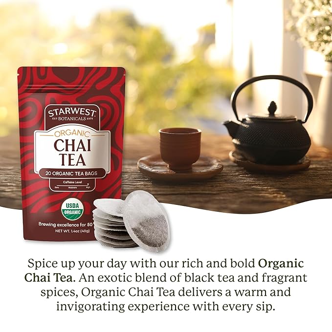 Starwest Botanicals Organic Chai Tea - Caffeinated Herbal Blend with Black Tea & Cinnamon, String Free Sachets, USDA Organic, Non GMO - 20 Tea Bags - Bloomnest