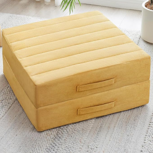 2 Pcs High Density Foam Floor Pillow - Upgraded Large Pillows Seating for Adults - Outdoor Floor Cushion with Soft Tufted Cover - Yoga Pillows for Sitting On Floor - 22 Inch Yellow - Bloomnest