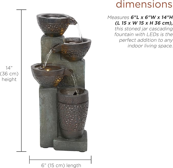 Alpine Corporation TZL412 14" Stoned Jar Cascading Water Fountain with LED Lights – Elegant Tabletop Water Feature for Home, Office, Living Room, Bedroom, and Desk Décor, Gray - Bloomnest
