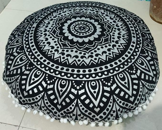 INDIAN CRAFT CASTLE 24" Black Silver Mandala Barmeri Large Floor Pillow Cover Cushion Meditation Seating Ottoman Throw Cover Hippie Decorative Zipped Bohemian Pouf Ottoman Pom Pom Cases 24" Round - Bloomnest