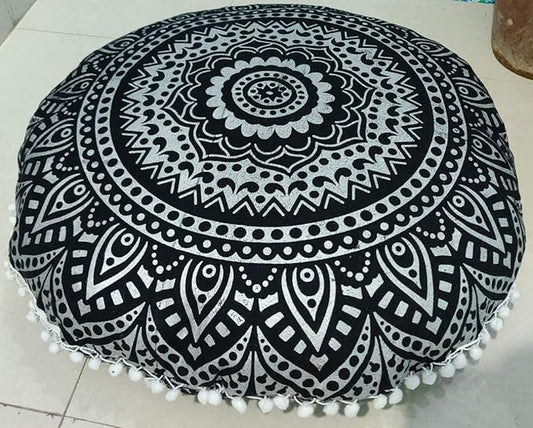 INDIAN CRAFT CASTLE 24" Black Silver Mandala Barmeri Large Floor Pillow Cover Cushion Meditation Seating Ottoman Throw Cover Hippie Decorative Zipped Bohemian Pouf Ottoman Pom Pom Cases 24" Round - Bloomnest